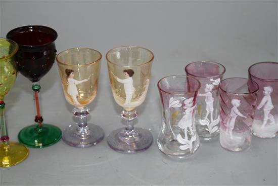 A Mary Gregory style vase, 17cm and ten assorted glass tots